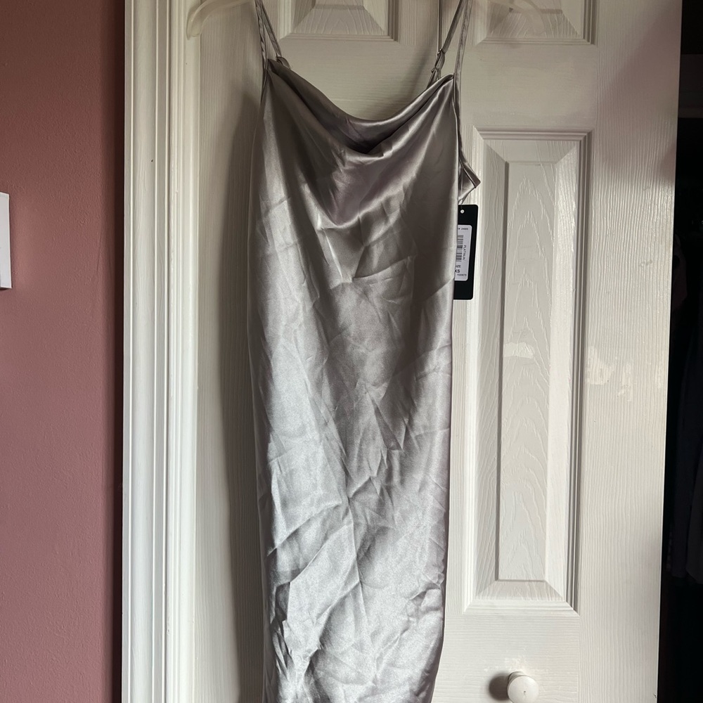 NWT BEBE Platinum Silver Satin Mini party Dress sz XS
